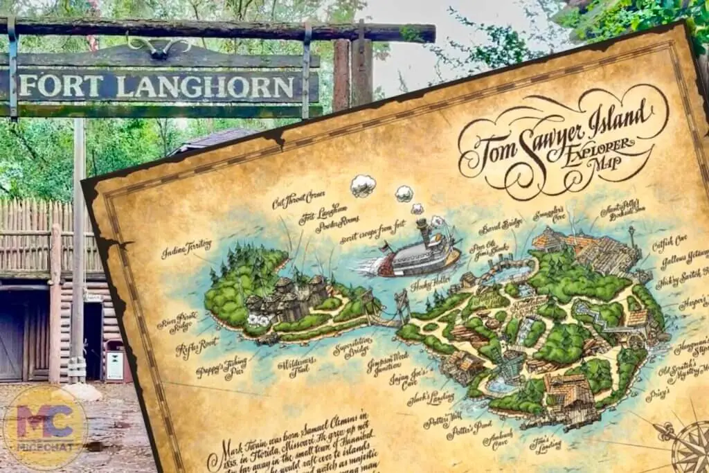 A detailed map of Tom Sawyer Island, showcasing the layout of its adventurous landmarks, including Injun Joe's Cave and the bottomless pit, used as a metaphor for overcoming fear.