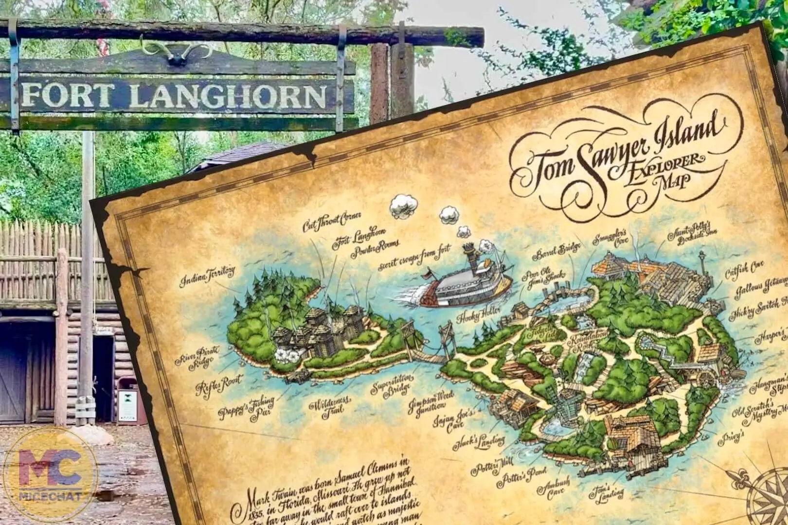 A detailed map of Tom Sawyer Island, showcasing the layout of its adventurous landmarks, including Injun Joe's Cave and the bottomless pit, used as a metaphor for overcoming fear.