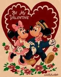 Vintage-style Valentine’s Day illustration of Mickey Mouse and Minnie Mouse holding hands in front of a large red heart with the words “Be My Valentine.”