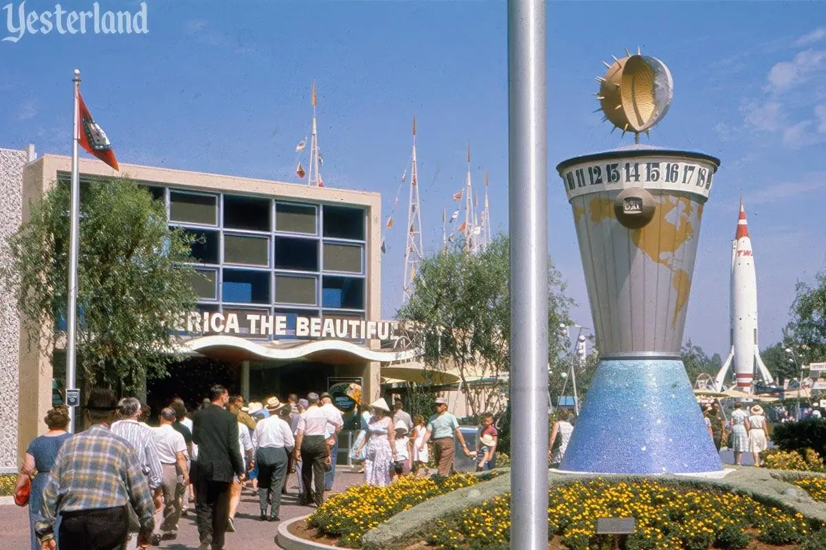 The Clock of the World in Disneyland’s original Tomorrowland, showing the futuristic timepiece and early Tomorrowland architecture from the 1950s.
